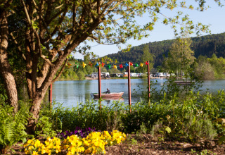 Udsigt over søen ved Camping en Vakantiepark Teichmann i Hessen med blomster og både om sommeren.