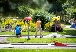 Children playing mini golf outdoors at Camping en Vakantiepark Teichmann - Glamping Hessen, surrounded by flowers.