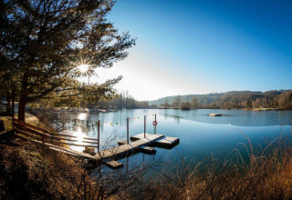 Vista soleada del lago con muelle y árboles en Camping en Vakantiepark Teichmann - Glamping Hessen.