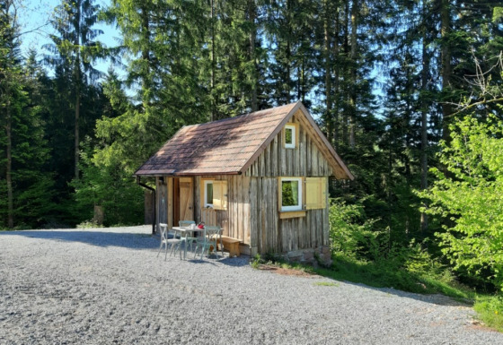 Petite cabane de glamping nommée Gallushof à la campagne du Bade-Wurtemberg, entourée de forêt dense.