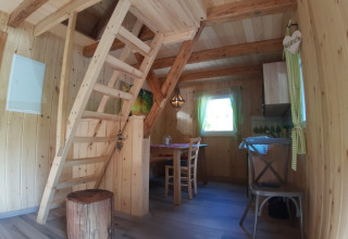 Indvendig udsigt over en hyggelig trækabine med spisebord og stige til hems, Gallushof, Baden-Württemberg.