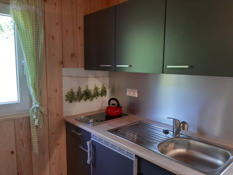 Kleine kitchenette met groene kasten, hangende kruiden en raam in Gallushof - Boshut op het platteland, Baden-Württemberg.
