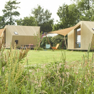 Écolodges de glamping durables à It Dreamlân, en Frise, Pays-Bas, entourés de nature et de verdure.
