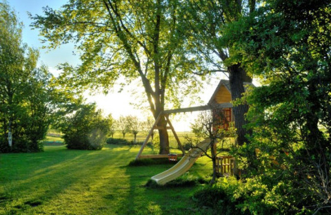 Sonniger Garten mit Baumhaus und Rutsche bei It Dreamlân - Ecolodges Friesland Glamping Unterkunft.