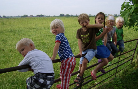 Des enfants jouent et s’assoient sur une barrière à It Dreamlân - Ecolodges Friesland, lieu de glamping champêtre.