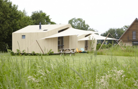 Ecolodges ved It Dreamlân i Friesland omgivet af grønt græs og træer, ideelt til glamping og camping.