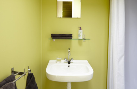 Salle de bain chez It Dreamlân - Ecolodges Friesland avec lavabo, miroir, étagère et serviettes en hébergement glamping.