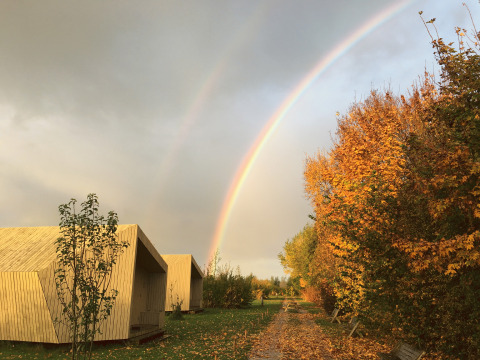 Glamping at It Dreamlân - Ecolodges Friesland with modern lodges, autumn colors, and a rainbow in the sky.