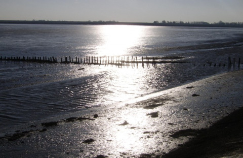Sunset reflecting on a tranquil tidal beach near It Dreamlân - Ecolodges Friesland, ideal for glamping stays.