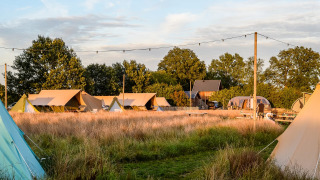 Vista de tiendas safari en Pop-up glamping Neighbor's Awaji en Holiday Park Mölke, Países Bajos, al atardecer.