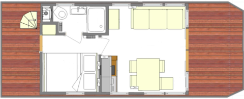 Floor plan of glamping accommodation Wind & Wellen - Woontboot Sleeswijk-Holstein showing rooms and decks.