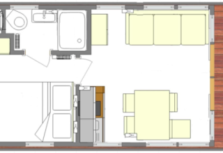 Plano de alojamiento glamping Wind & Wellen - Woontboot Sleeswijk-Holstein con habitaciones y terrazas.