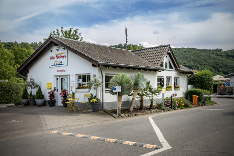 Bâtiment d'accueil du Camping Gülser Moselbogen en Rhénanie-Palatinat, entouré de fleurs et de collines.