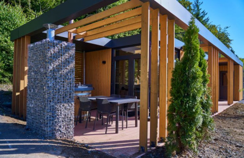 Outdoor view of UplandParcs Sauerland Wellness Cottage in North Rhine-Westphalia with terrace and modern design.