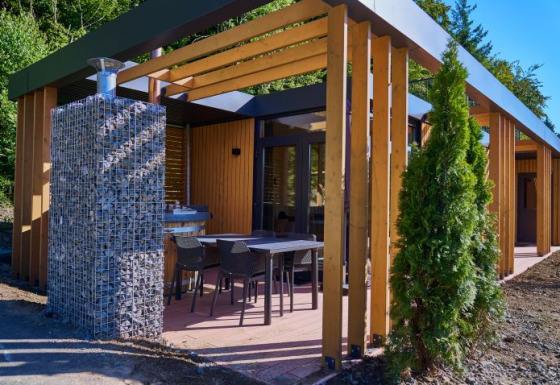 Outdoor view of UplandParcs Sauerland Wellness Cottage in North Rhine-Westphalia with terrace and modern design.