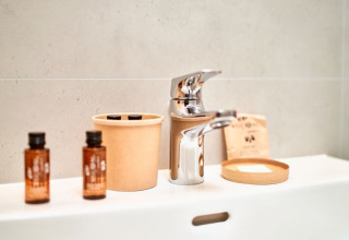 Detalles de baño con lavabo, dispensador de jabón y artículos de tocador en UplandParcs Sauerland Wellness Cottage.