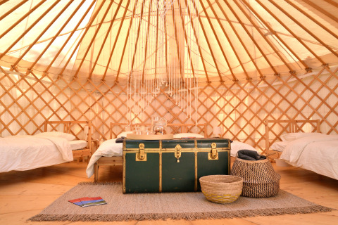 Interior view of a cozy Mongolian yurt at Camping Bellinzona, Switzerland, featuring four beds.