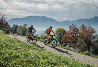 Two cyclists ride along a scenic path near Camp MondSeeLand - Kampeerhutten Oostenrijk, mountains in background.