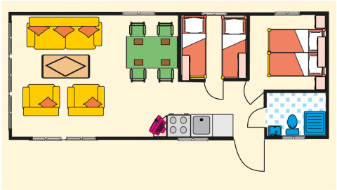 Plantegning af Stacaravan Ocala Premium ved Vakantiepark Havelberge med opholdsområde, køkken, to soveværelser og badeværelse.