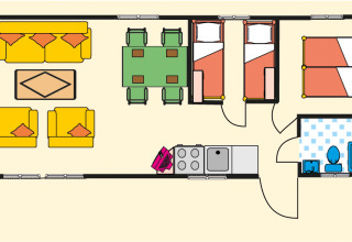Planimetria della Stacaravan Ocala Premium al Vakantiepark Havelberge con salotto, cucina, due camere e bagno.