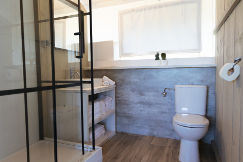 Moderne badeværelse indrettet med bruser, toilet og vask i glampingoplevelsen Villa Alwin Beach Resort.