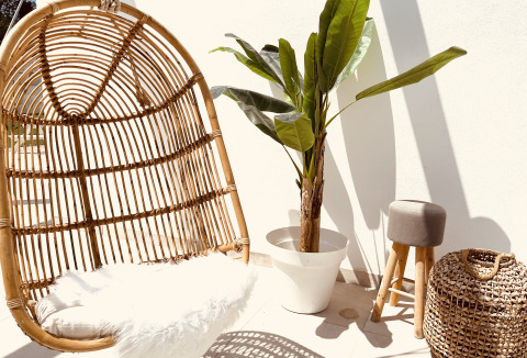 Chic outdoor lounge area with hanging chair, plant, stool, and basket in sunlight at Villa Alwin Beach Resort.