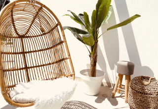 Gemütliche Outdoor-Lounge mit Hängesessel, Pflanze, Hocker und Korb im Sonnenlicht bei Villa Alwin Beach Resort.