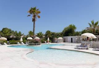 Piscina de camping de lujo con sombrillas y tumbonas en Villa Alwin Beach Resort en Le Marche, Italia.