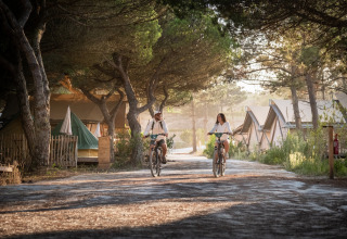 To personer cykler gennem et glampingområde blandt træer i Huttopia Lagoa de Óbidos, Portugal.