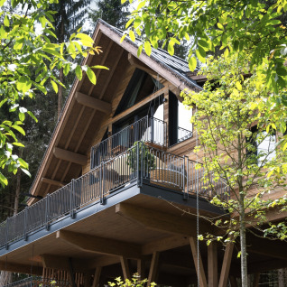 A modern treehouse with a spacious balcony set among lush trees at Wander- & Wellnesshotel Gassner, Austria.