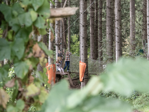 Kinder spielen auf einer Baumhausplattform im Wald beim Wander- & Wellnesshotel Gassner Boomhut Österreich.