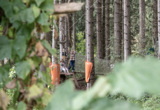 Des enfants jouent sur une plateforme de cabane dans les arbres à Wander- & Wellnesshotel Gassner Boomhut Autriche.