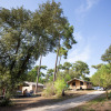 Glamping accommodation at Huttopia Oléron les Chênes Verts surrounded by trees in Nouvelle Aquitaine, France.