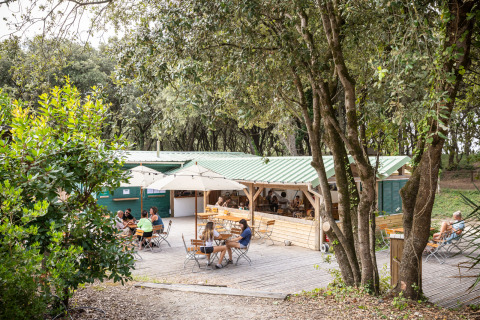 Outdoor café area at Huttopia Oléron les Chênes Verts - Glamping Nouvelle Aquitaine, people relaxing among trees.