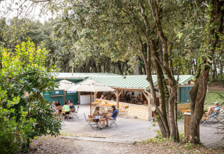 Área de cafetería al aire libre en Huttopia Oléron les Chênes Verts - Glamping Nouvelle Aquitaine, entre árboles.
