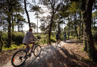 Fietsers op een bospad nabij Huttopia Oléron les Chênes Verts Glamping, Nouvelle Aquitaine, Frankrijk.