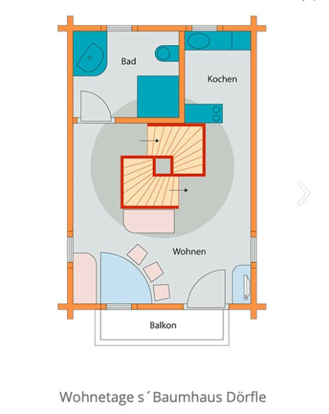 Grundriss von s’Baumhaus Dörfle Glamping-Unterkunft mit Bad, Küche, Wohnbereich und Balkon im Schwarzwald.