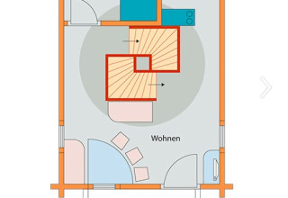 Plantegning af s'Baumhaus Dörfle glamping-hytte med bad, køkken, opholdsstue og balkon i Schwarzwald.