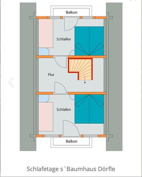 Plantegning af soveværelseetage i glampingindkvartering s'Baumhaus Dörfle med to soveværelser og balkon.