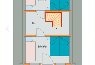 Floor plan of the sleeping level at glamping accommodation s'Baumhaus Dörfle featuring two bedrooms and balconies.