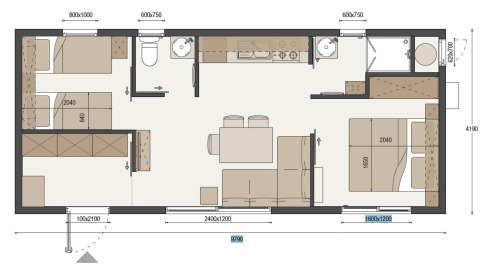 Plattegrond van HochOBEN Stacaravans glamping in Oostenrijk met slaapkamers, badkamer, keuken en woonkamer.