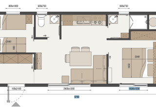 Floor plan of HochOBEN Stacaravans glamping in Austria, showing bedrooms, bathroom, kitchen and living area.