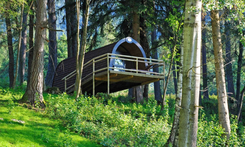 Moderne træhytte på stylter i skoven ved Nature Resort Natterer See - Woodlodges Tirol til glampingoplevelser.