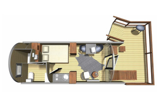 Plattegrond van glamping Nature Resort Natterer See - Woodlodges Tirol met terras en comfortabel interieur.