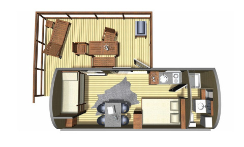 Plantegning af glamping Woodlodge på Nature Resort Natterer See med terrasse og moderne faciliteter.
