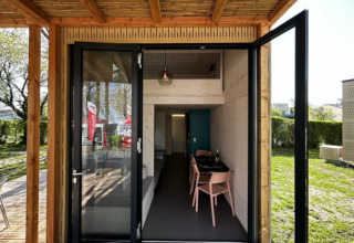 Modern glamping accommodation at Strandcamping Podersdorf am See Tiny Houses in Austria, view from outside.