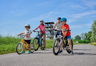 A family of four rides bicycles on a path near Strandcamping Podersdorf am See - Tiny Houses, Austria.