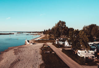 Strandcamping Podersdorf am See mit Tiny Houses und Wohnwagen direkt am Seeufer, umgeben von Bäumen.