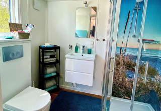Modern badkamerinterieur in Tinyhouse KLEINES EMS-IDYLL, Emsland, met zeezicht-douchewand.