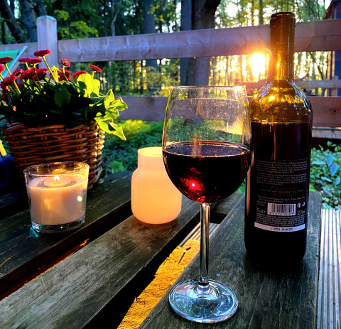 Wijn, kaarsen en bloemen op houten tafel bij glamping Tinyhouse KLEINES EMS-IDYLL, zonsondergang tussen de bomen.